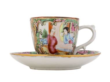 Coffee cup with plate China early 20th century # 46225 hand paintingcantonese rose porcelain 65 ml